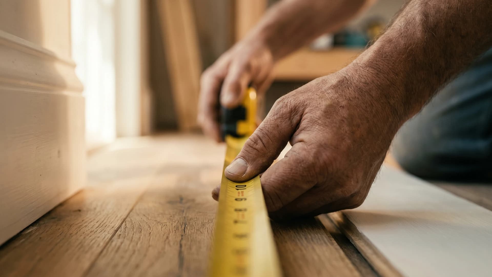 Craftsman's hands measuring freshly-installed baseboard trim