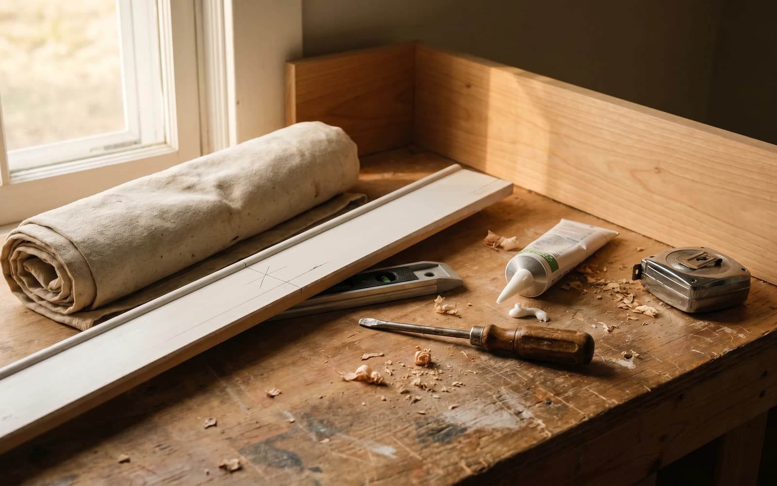 Craftsmanship tools arranged beside a clean finished trim corner